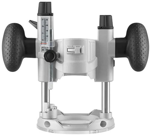 Silver router base with black handles, adjustment dials and metric/inch markings, IN, MM