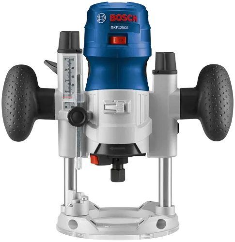 Bosch GKF125CE router with black handles, blue top, and red switch.