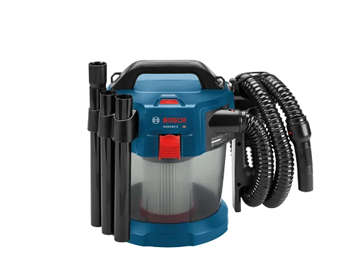 Bosch GAS18V-3 vacuum cleaner with black hose and attachments.