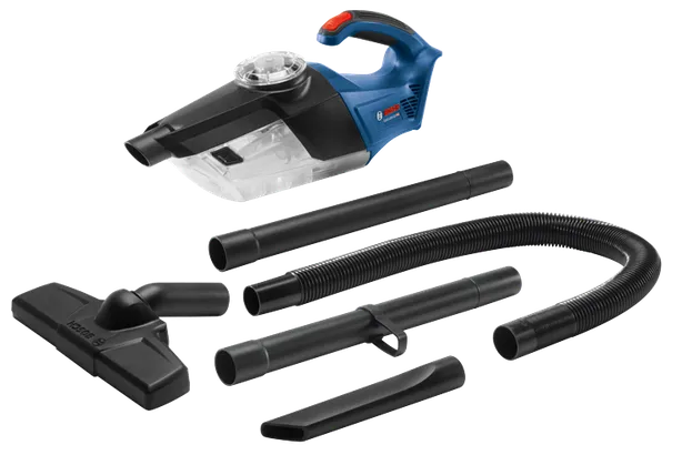 Bosch GAS18V-02 vacuum cleaner and multiple attachments.