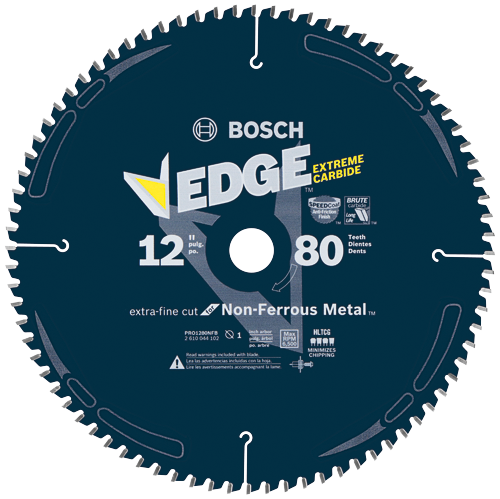 BOSCH EDGE 12" circular saw blade, extra-fine cut for Non-Ferrous Metal, PRO1280NFB, with 1 inch arbor, Max RPM 6,500.