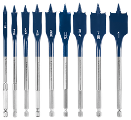 Daredevil assortment of flat wood drill bits with sizes: 1/4, 3/8, 1/2, 9/16, 5/8, 11/16, 3/4, 7/8, and 1.