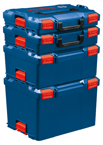 Bosch L-Box toolboxes stacked, with red latches and black handles, blue body, and Bosch logo.