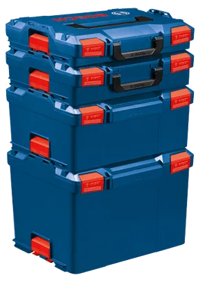 Bosch L-Box toolboxes stacked, with red latches and black handles, blue body, and Bosch logo.