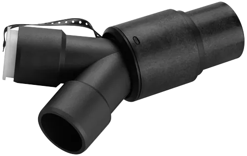 Black plastic Y-shaped connector with a perforated strap and a white piece on one end.