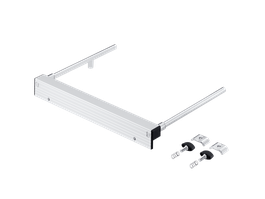 U-shaped metal support with two connecting rods and two small square mounting brackets with bolts.