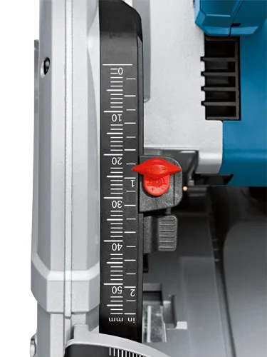 Scale with "in mm" markings, from 0 to 50, and a red adjustment dial with "+" and "-" markings.