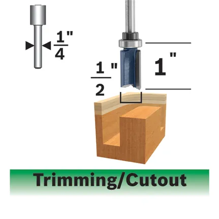 1/2 In. x 1 In. Carbide-Tipped Double-Flute Top-Bearing Straight Trim Router Bit