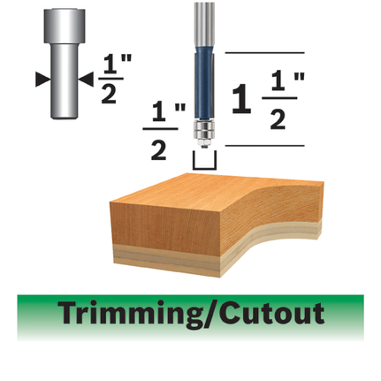 1/2 In. x 1-1/2 In. Carbide-Tipped Double-Flute Template Trim Router Bit