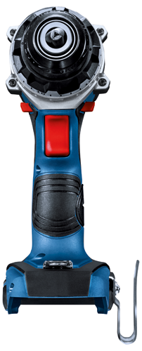 Bosch blue and black power tool with red button and metal hook.