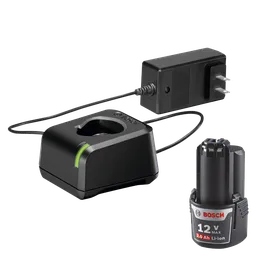 Bosch 12 V, 2.0 Ah Li-ion battery, with charger and power adapter.