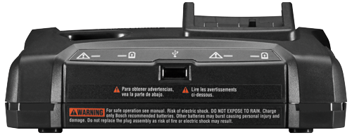 Bosch charger, with warning texts in English, Spanish, and French.  USB port visible.