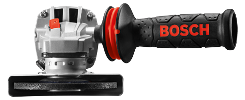 Bosch angle grinder with "BOSCH" printed on the handle.