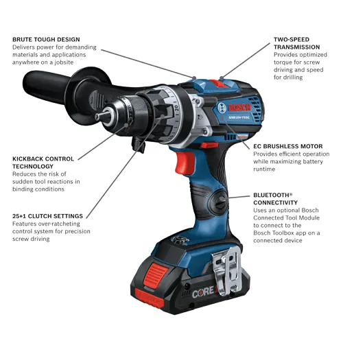 Bosch GSB18V-755C drill with "BRUTE TOUGH DESIGN", "TWO-SPEED TRANSMISSION", "KICKBACK CONTROL TECHNOLOGY", "25+1 CLUTCH SETTINGS", "EC BRUSHLESS MOTOR", and "BLUETOOTH® CONNECTIVITY".