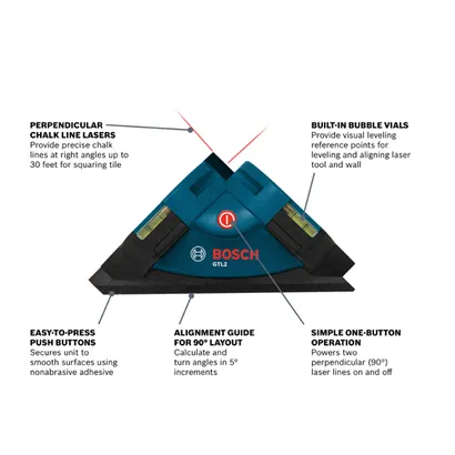 Bosch GTL2 Perpendicular Chalk Line Laser with Built-in Bubble Vials and Easy-to-Press Push Buttons.