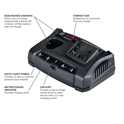 Bosch GAX1218V-30 charger with dual-voltage charging, USB port, and battery-charge indicator.