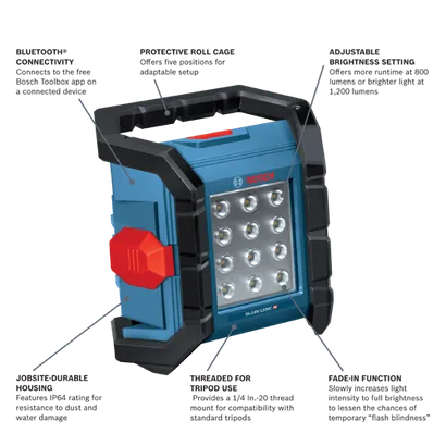 Bosch GLI18V-1200C HD work light with Bluetooth connectivity, adjustable brightness setting, fade-in function, IP64 rating, and 1/4 In.-20 thread mount.