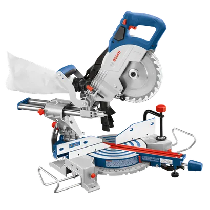 Bosch miter saw with blade guard, dust bag, and adjustable features.