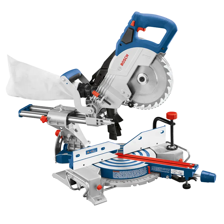 Bosch miter saw with blue and silver components and a white dust bag.