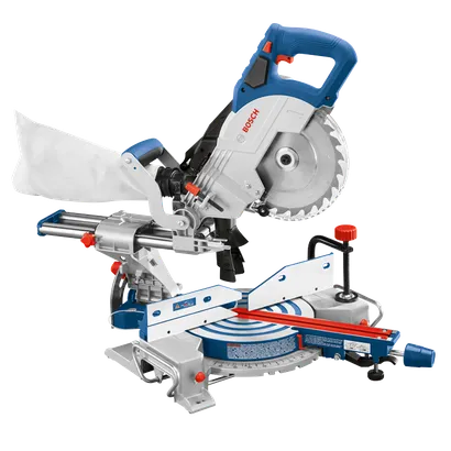 Bosch miter saw with blue and silver components and a white dust bag.