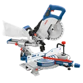 Bosch miter saw with blue and silver components and a white dust bag.