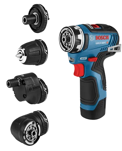 Bosch GSR12V-300FC HD cordless drill with multiple attachments.