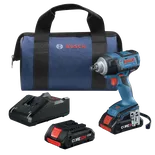 Bosch GDS18V-221 impact wrench, battery charger, 18V battery, and carry bag. The wrench and battery are marked "CORE18V".