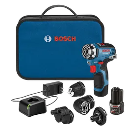 Bosch GSR12V-300FC HD cordless drill kit including drill, attachments, charger, and 12V 2.0 Ah Li-ion battery.