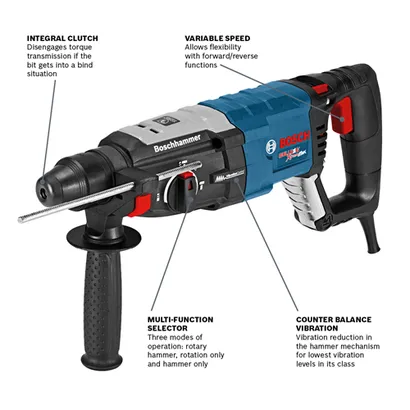 Boschhammer rotary hammer showing INTEGRAL CLUTCH, VARIABLE SPEED, MULTI-FUNCTION SELECTOR, and COUNTER BALANCE VIBRATION features.