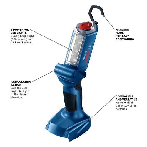 Bosch GLI18V-300 work light with 6 LED lights, articulating action, hanging hook, and compatible with all Bosch 18V Li-ion batteries.