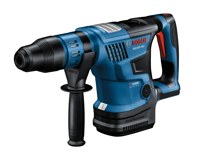 Bosch GBH18V-36C cordless rotary hammer, with "TURBO BRUSHLESS" text and "Boschhammer" text.
