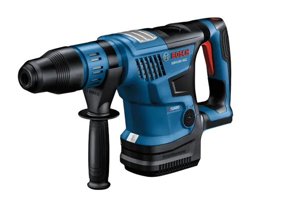 Bosch GBH18V-36C cordless rotary hammer, with "TURBO BRUSHLESS" text and "Boschhammer" text.