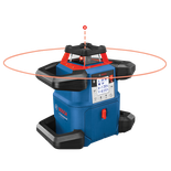 Bosch Professional GRL4000-80CHV rotary laser level, with visible laser circle, and display of X-7.20%, Y-6.15%.