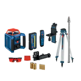 Bosch laser level, remote, bracket, and tripod, plus GP Alkaline batteries, and safety glasses.