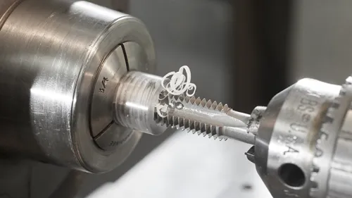 Detail of a metalworking operation: a tap cutting threads in a metal rod, with metal shavings visible.
