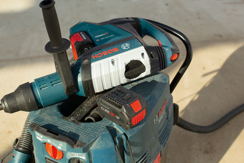 Bosch GBH18V-45C BITURBO BRUSHLESS rotary hammer and 8.0 Ah CORE18V Turbo battery pack, and the Power Broker selector is visible.