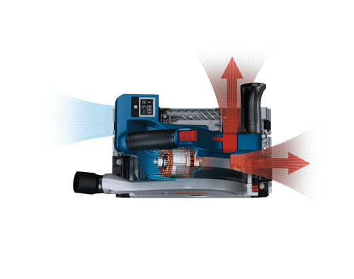 Bosch electric saw, cross-section with directional arrows showing airflow, measurement scales, and an ECO battery indicator.