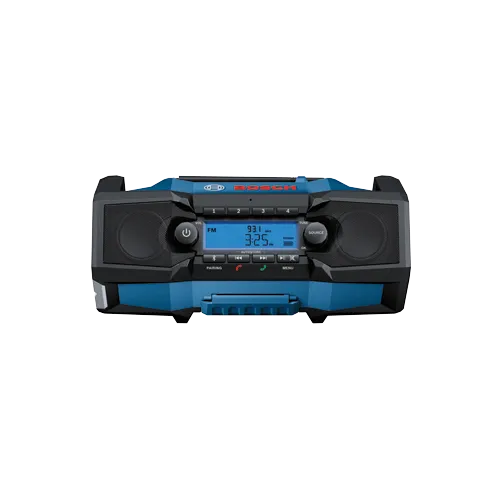 Bosch radio, with "BOSCH" visible, FM 93.1 MHZ, 3:25 PM, STEREO, and buttons for 1, 2, 3, 4, VOL, TUNE, SOURCE, MENU, OK, pairing, and autostore.