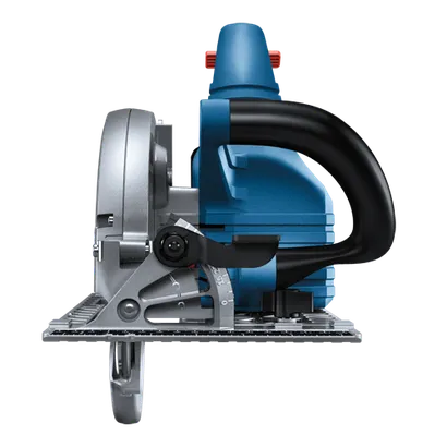 Bosch circular saw, with a black handle and a blue body, featuring a blade.