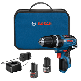 Bosch GSB12V-300 HD cordless drill, charger, 2 batteries, and blue carrying case with "BOSCH" text.