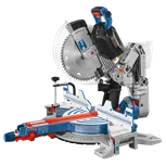 Bosch miter saw with "BITURBO BRUSHLESS", "BOSCH" visible. Includes bevel selector, measuring guides, and blade guard.