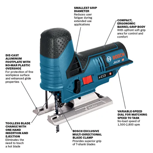Bosch JS120 HD compact ergonomic barrel-grip body jigsaw, with features described.