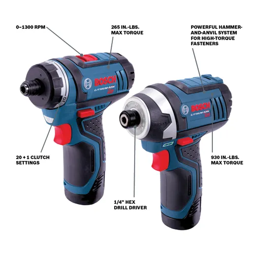 Bosch Lithium-Ion drill drivers with 0-1300 RPM and 265 IN.-LBS. max torque, and 20+1 clutch settings; and with 930 IN.-LBS. max torque. Features include a 1/4" hex drill driver and a powerful hammer-and-anvil system for high-torque fasteners.