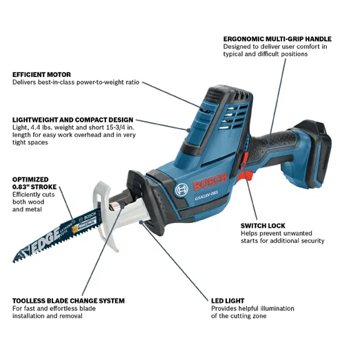 Bosch GSA18V-083 saw with 0.83" stroke, 4.4 lbs weight, and 15-3/4 in length, features ergonomic multi-grip handle, switch lock, toolless blade change system, and LED light.