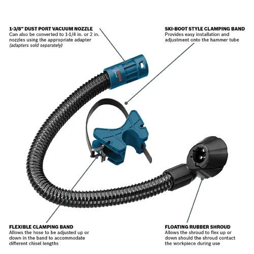 Bosch 1-3/8" DUST PORT VACUUM NOZZLE, with HDC400 model, and FLEXIBLE CLAMPING BAND, SKI-BOOT STYLE CLAMPING BAND, and FLOATING RUBBER SHROUD. Converts to 1-1/4 in. or 2 in. nozzles using appropriate adapter (sold separately).