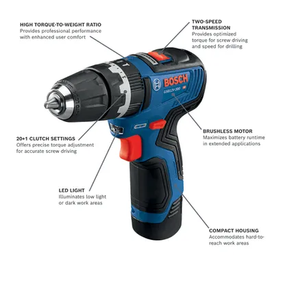 Bosch GSB12V-300 HD, with High Torque-to-Weight Ratio, 20+1 Clutch Settings, LED Light, Two-Speed Transmission, Brushless Motor and Compact Housing.