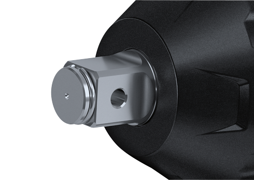 Close-up of a metal tool with a square head and round end.