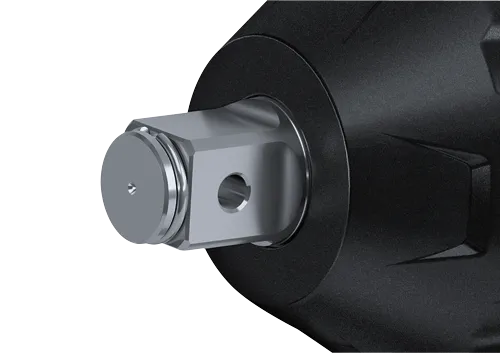 Close-up of a metal tool with a square head and round end.