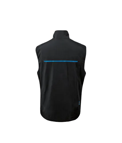 Black vest with a blue stripe across the back and a blue label on the bottom.
