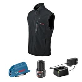 Bosch black vest with 'BOSCH' logo, battery with 'BOSCH 12 V MAX 2.0 Ah Li-Ion' text, charger, and GAA12V-21 USB adapter.